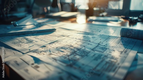 A close-up shot of intricate engineering blueprints spread across a desk, showcasing the precision and attention to detail required in the field on International Women in Engineering Day. photo