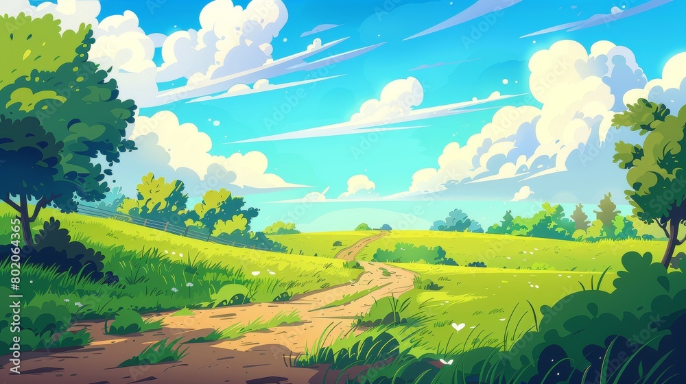 The landscape is a cartoon illustration of a rural road going through a green field with grass, bushes and green trees under a blue sky with fluffy clouds. Under the blue sky there is a good blue sky The landscape is a cartoon illustration of a rural road going through a green field with grass, bushes and green trees under a blue sky with fluffy clouds. Under the blue sky there is a good blue sky