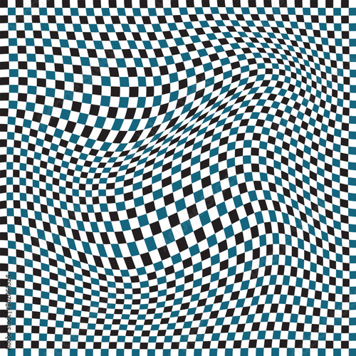 Trippy checkerboard background, wavy checker pattern, optical illusion. Groovy wave psychedelic checkerboard background. Hippie, retro chessboard template, texture of pile. 11:11