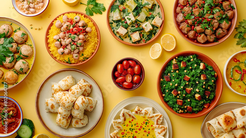 A table full of food with a yellow background. The food includes a variety of dishes such as salads, soups, and pastas