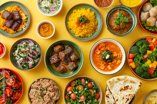 A table full of food with a yellow background. The food includes a variety of dishes such as rice, soup, and salad