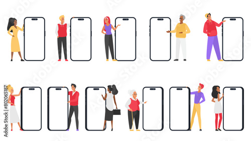 People showing big mobile phones set. Tiny male and female characters standing at giant smartphones with empty screen, happy woman and man users pointing on cellphone cartoon vector illustration