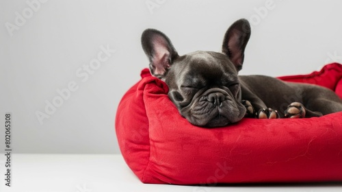 French Bulldog Sleeping in a Red Dog Bed. Generative ai © Yevheniiya
