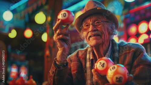 A picturesque view of a bingo caller holding up a numbered ball, ready to call out the next winning number in a game of chance and luck on National Bingo Day.