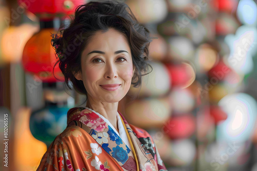 Photograph of a woman in a yukata, surrounded by Tanabata ornaments and nature elements. Japanese woman, Tanabata festival, bamboo, tanzaku.