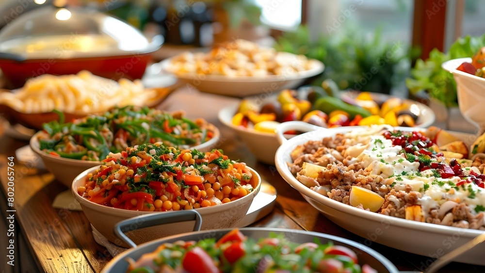 Table displaying various foods at a buffet or family gathering event . Concept Food Display, Buffet Spread, Family Gathering, Event Catering, Dining Options