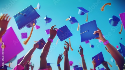 Illustration of alumni throwing graduation caps and degrees in the air. End of education ceremony concept with hats and certificates for students to celebrate their success. photo