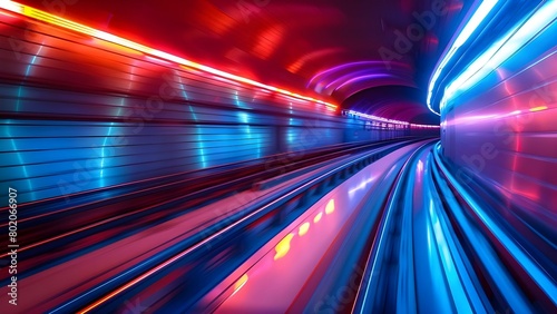 Subway train races through neonlit tunnels at high speed. Concept Transportation  Underground  Neon Lights  Speed  Urban Landscape