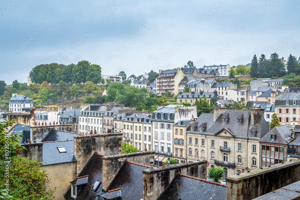 Residential buildings of the town of Morlaix during a cloudy day in the town, Europe, France, Brittany