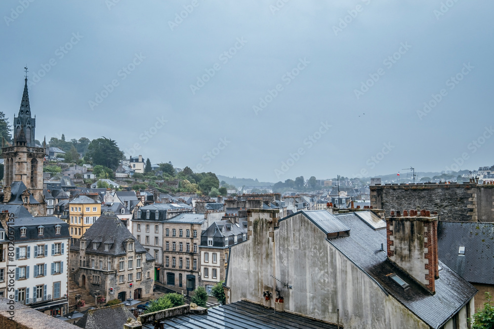 Views of several residential buildings in the city during a cloudy day in the town of Morlaix, Europe, France, Brittany.