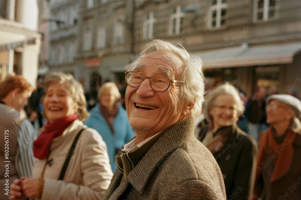 Happy senior man in glasses smiling at camera while walking in the street Happy senior man in glasses smiling at camera while walking in the street
