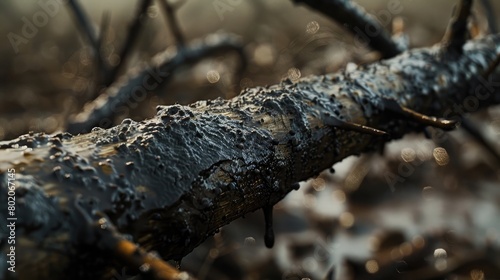 A close-up shot of a mud-covered twig, its intricate textures and patterns showcasing the beauty of natural materials on International Mud Day.