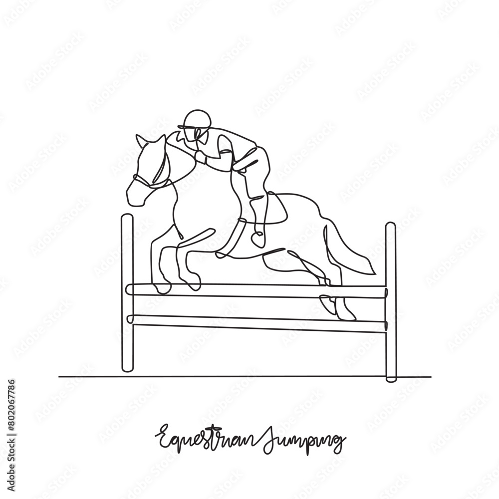 Fototapeta premium One continuous line drawing of Equestrian jumping sports vector illustration. Equestrian jumping sports design in simple linear continuous style vector concept. Sports themes design illustration.