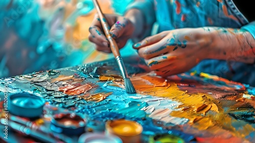 Close-up of a painter's hand holding a brush, creating bold strokes on a colorful palette, depicting creativity in action. 