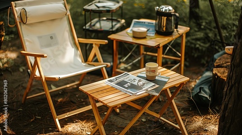 outdoor camping Table and chairs and magazines on the table
