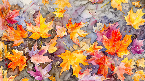 Vibrant Watercolor Art Featuring Autumn Leaves Scattered on the Ground  © Creative Valley