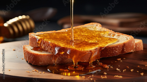 Pouring oil onto slice of toasted bread on wooden photo