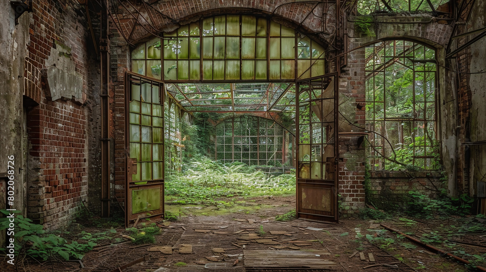 Fototapeta premium Explore abandoned buildings, factories, or vehicles that have been reclaimed by nature. These forgotten spaces often hold a mysterious allure, with crumbling walls, overgrown vegetation