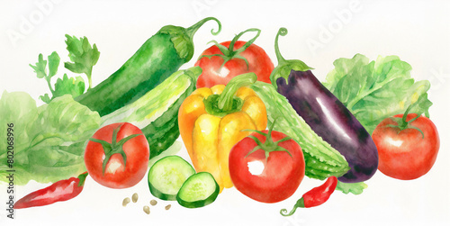 夏野菜の水彩イラスト、トマト、パプリカ、ズッキーニ photo