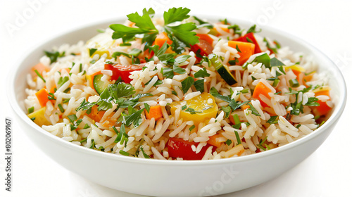 Bowl of delicious rice salad with vegetables on white
