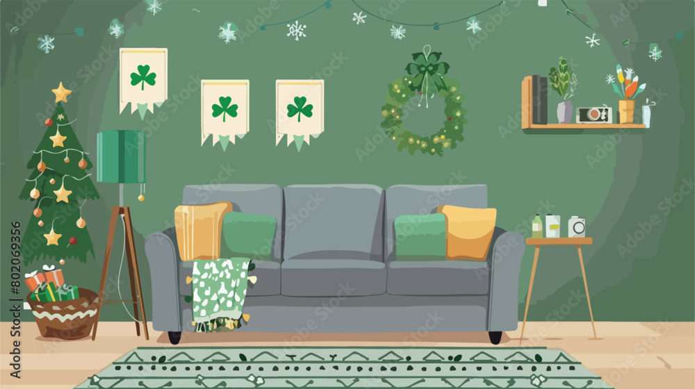 Interior of festive living room with grey sofa 