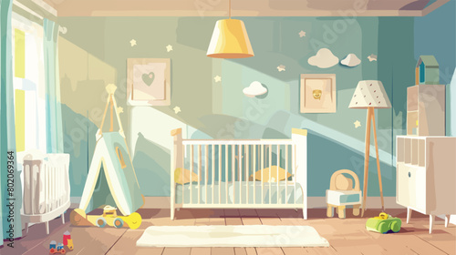 Interior of light bedroom with baby crib toys and lam