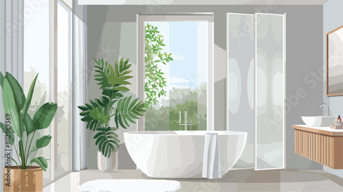 Interior of grey bathroom with big window and folding © Roses