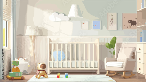 Interior of light bedroom with baby crib toys and lam photo