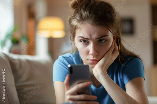 Mujer joven mirando atentamente su teléfono móvil con cara disgustada y enfadada, aguantándolo con una mano,  sentada en un sofá, sobre fondo desenfocado del salón de su casa photo