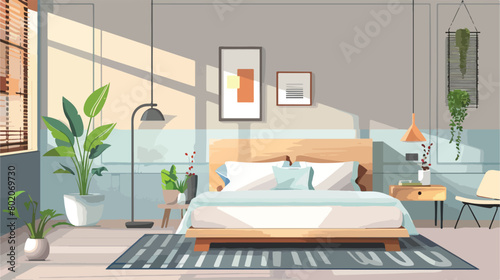 Interior of light modern bedroom Vectot style vector © Roses
