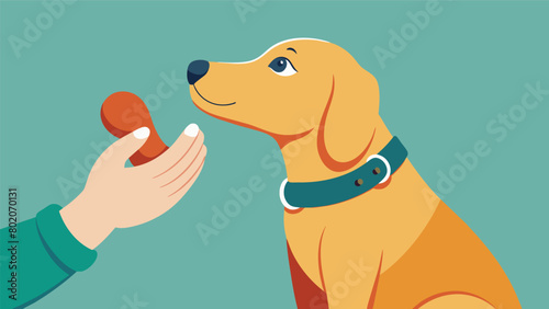 A service dog gently nudging its owners hand with its nose reminding them to take their medication for their anxiety.. Vector illustration