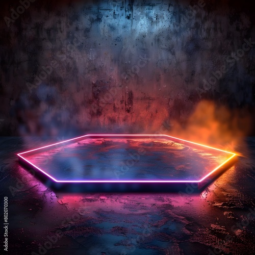 Glowing Hexagonal Neon Structure in Futuristic Dark Studio Backdrop