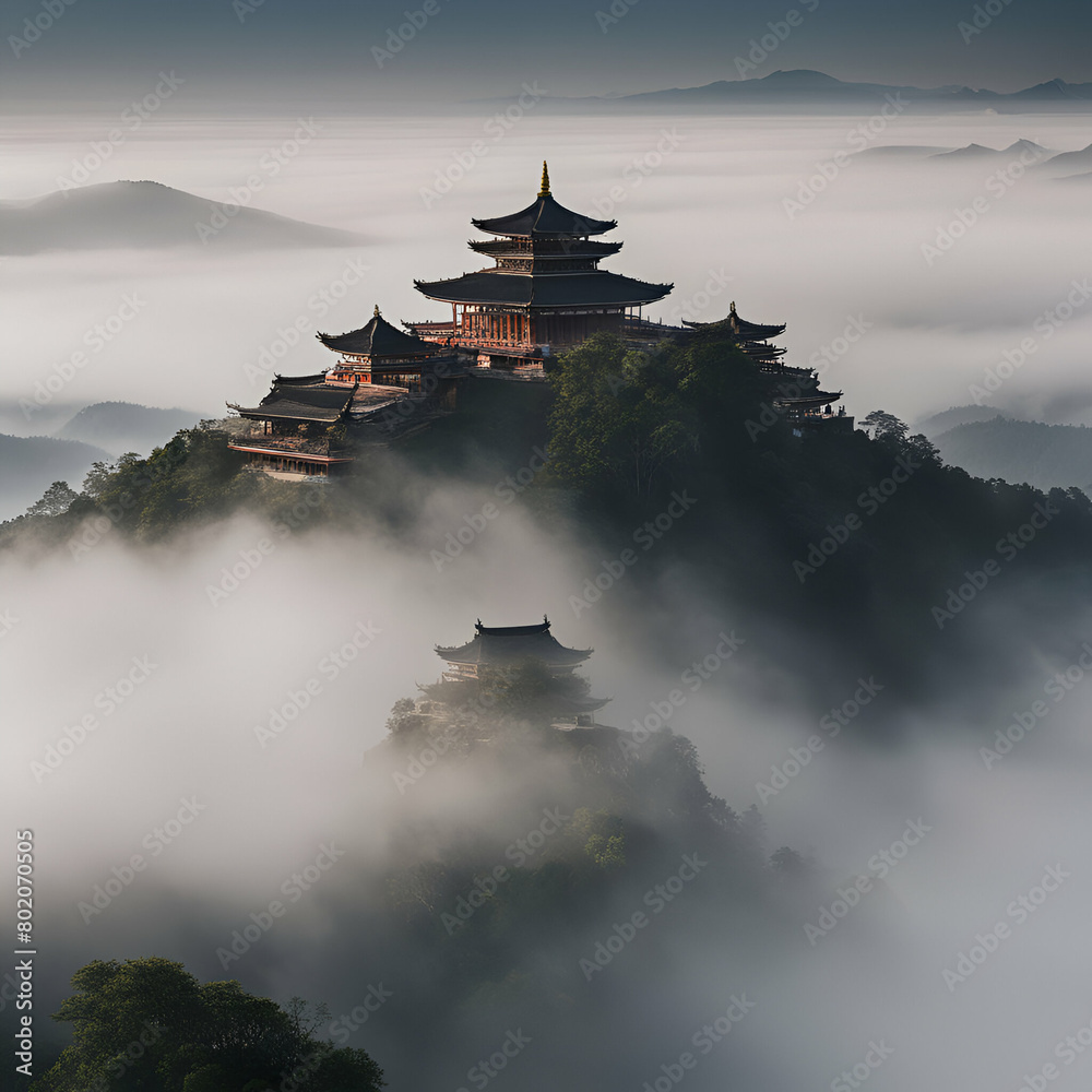 chinese temple on a misty mountain
