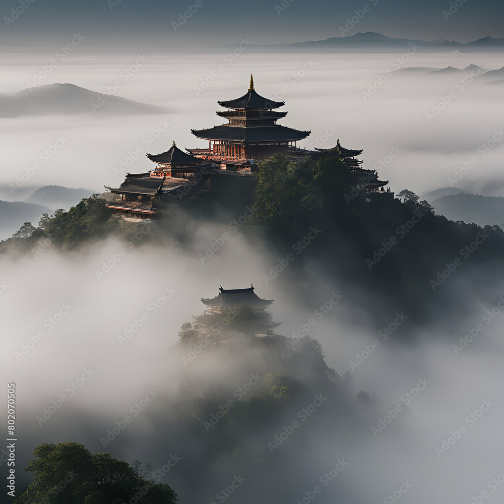 chinese temple on a misty mountain chinese temple on a misty mountain