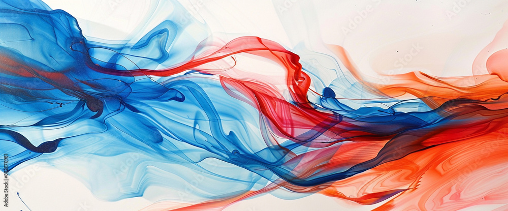 Flowing ribbons of electric blue and fiery red merging together on a pristine white surface, creating an abstract display of movement and energy.