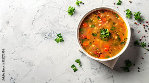 Bowl of tasty Hodgepodge soup on light background photo