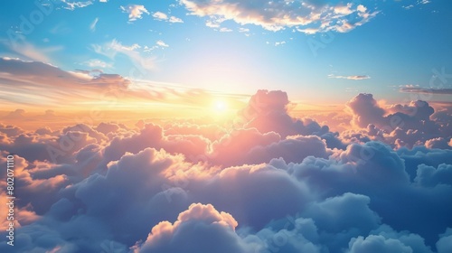 sunrise on blue sky. Blue sky with some clouds. View over the clouds