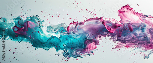 Splashes of magenta and turquoise swirling and converging on a blank canvas, creating a captivating abstract composition that draws the viewer into its vibrant world. photo