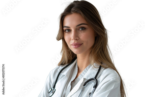 A female doctor standing in front of a medical background, holding a defibrillator, isolated on transparent background, png file