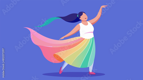 A model with Down syndrome beams with joy as she twirls in a flowing iridescent skirt adorned with tactile elements for a unique and inclusive fashion. Vector illustration