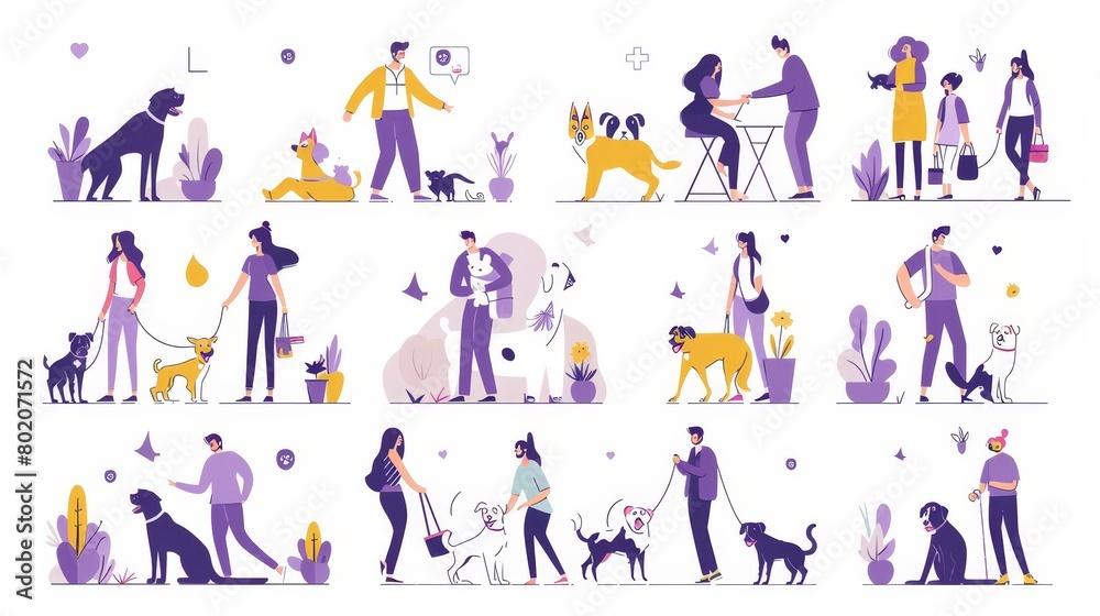 Set of people with pets. Male and female characters walk, play, wash or visit a veterinary clinic together. Leisure, communication, love for animals. Linear flat modern illustration.