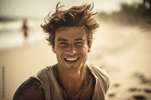 Joyful adult Italian man laughing on sunny beach with wind-blown hair, adds a feel of happiness and carefree summer days.