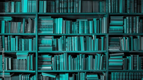 Teal bookshelves packed with various sizes of books  themes on knowledge and education.