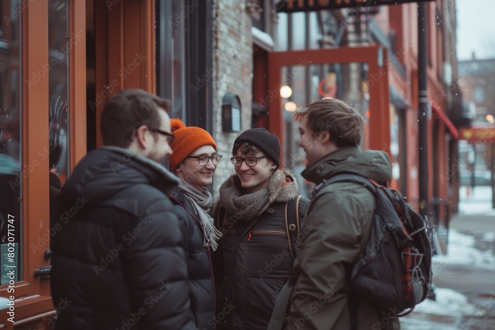 Group of friends walking in the city on a winter day, talking and laughing