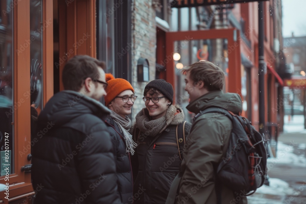 Group of friends walking in the city on a winter day, talking and laughing Group of friends walking in the city on a winter day, talking and laughing