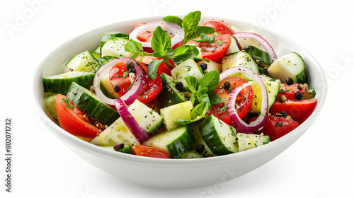 Bowl of tasty vegetable salad on white background 