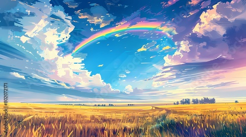The rainbow appeared in the field illustration poster background photo
