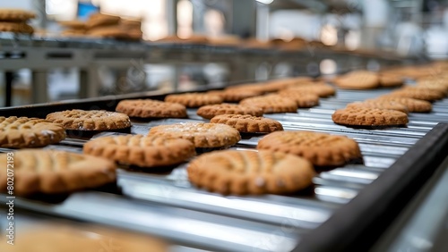 Bakery production line with cookies on conveyor belt in food factory. Concept Food Processing, Manufacturing Process, Cookie Production, Conveyor Belt, Bakery Operations