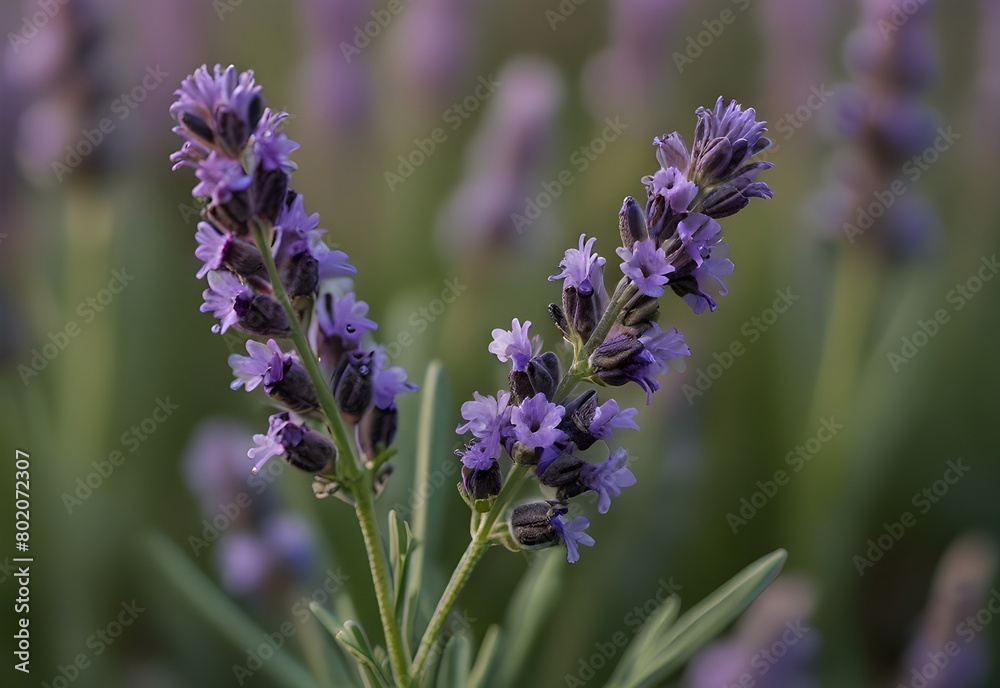 A close-up view of a lavender flower in bloom, its delicate purple petals emitting a soft scent, contrasting with the gray-green stem, generative AI A close-up view of a lavender flower in bloom, its delicate purple petals emitting a soft scent, contrasting with the gray-green stem, generative AI