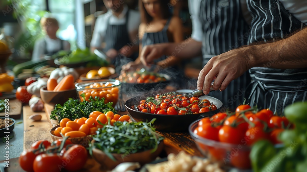 Obraz premium Multigenerational family cooking together, close-up on hands and ingredients, bonding over recipes